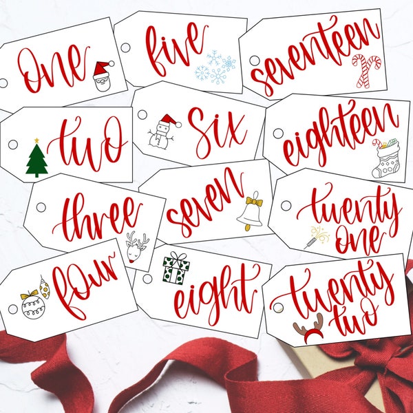 25 Days of Christmas Printable Tags | DIY Christmas Advent Calendar Printable Numbers 1 - 25 | Christmas Countdown | Advent Bag Tags |