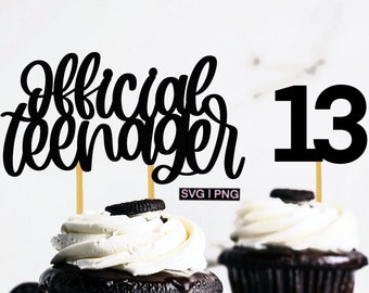 May include: Two chocolate cupcakes with white frosting and Oreo cookies on top. The cupcakes are decorated with black paper cake toppers that say "official teenager" and "13".