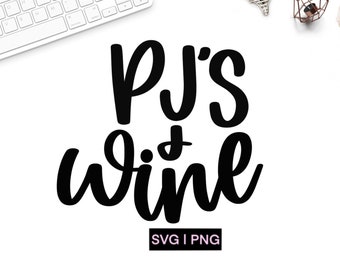 May include: Black and white text graphic that reads "PJ's & wine" with the words "SVG | PNG" below.