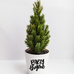 Puede incluir: Una maceta de cer&aacute;mica blanca con el texto "Party Thyme" en letras negras. La maceta contiene un peque&ntilde;o pino artificial verde.
