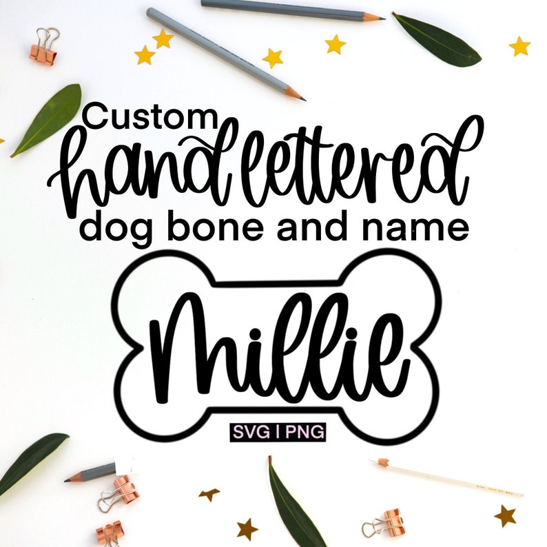 K&ouml;nnte beinhalten: Individuelle handgezeichnete Hunde-Knochen mit dem Namen Millie in schwarzer Schrift auf wei&szlig;em Hintergrund. Der Text "SVG | PNG" ist ebenfalls im Bild enthalten.