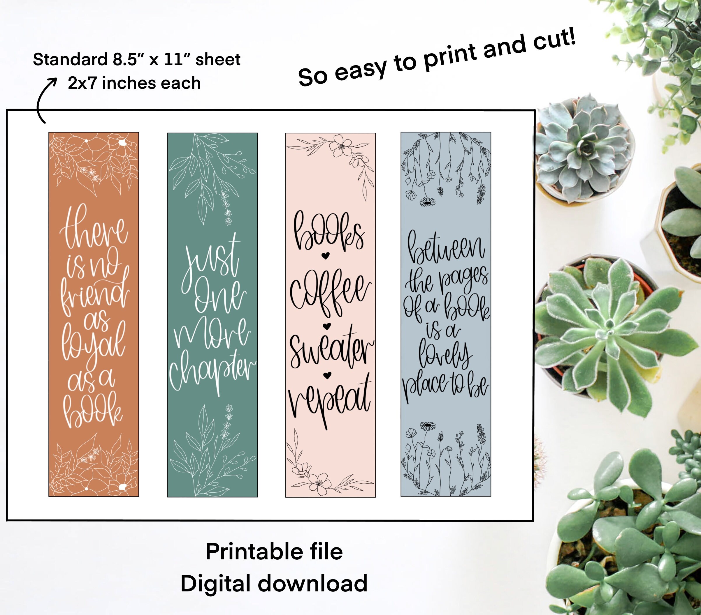 Set of 4 Printable Bookmarks| Digital Bookmarks | Book Lovers Gift ...