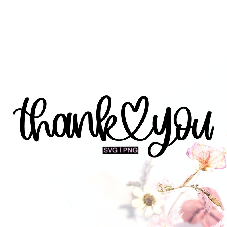 May include: Black and white calligraphy design that says "thank you" with a heart in the middle of the word "you".
