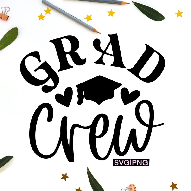 May include: Black and white graphic design with the text "GRAD CREW" in a stylized font. A graduation cap with a tassel is centered above the text with two hearts on either side.