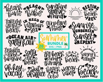 Könnte beinhalten: Ein Set mit 20 sommerlichen SVG- und PNG-Designs. Die Designs zeigen verschiedene Strand-bezogene Sätze und Illustrationen, wie "Beach Babe", "Ocean Air Salty Hair", "Sunrise Sunscreen Sunset Repeat" und "The Beach is My Therapy".