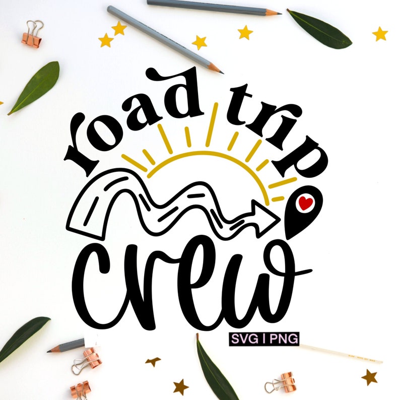 May include: Black and gold road trip crew design with a sun and a winding road. The design includes the text "road trip crew" and a red heart pin.