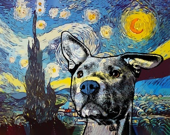 Starry Night Pitbull Dean Russo Signed Fine Art Print direct from the studio