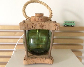 Lampe flotteur en verre vert et liège