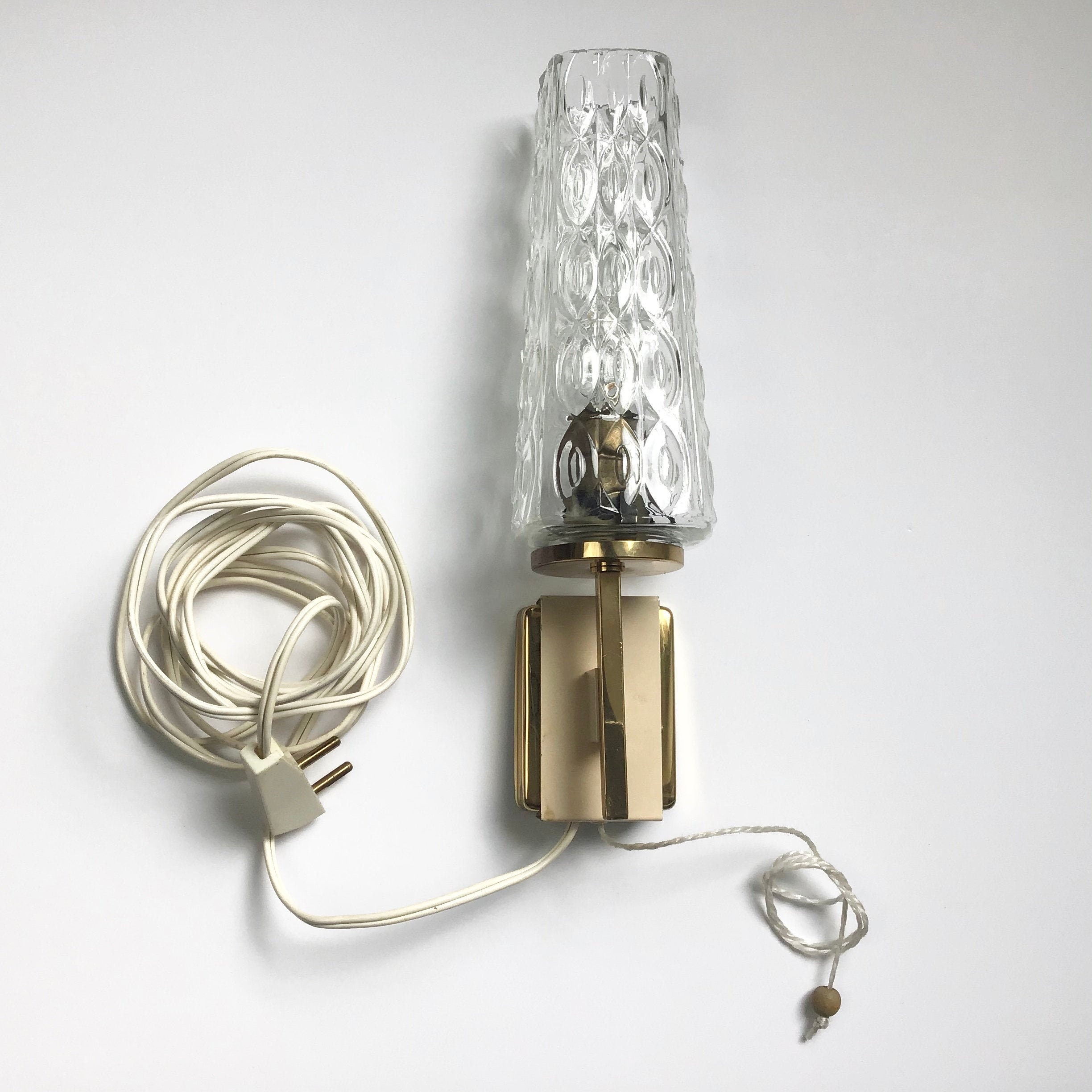 Applique Année 50 Métal Doré et Verre avec Interrupteur à Tirette