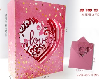 3D Pop Up Heart shaped Box Card Valentine's Day SVG file for Cricut, Silhouette and other craft cutters. Assembly video in description