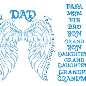 May include: A blue and white graphic design with wings and the text "My guardian angel" and "DAD" in the center. The text "Forever watching over me" is on the right side of the image. On the right side of the image is a list of family members: "PAPA", "MOM", "SIS", "BRO", "SON", "GRAND SON", "DAUGHTER", "GRAND DAUGHTER", "GRANDPA", "GRANDMA".