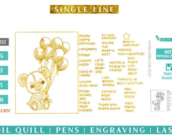 Single Line Koala Card SVG, happy birthday, Mix and Match set, Australian svg, for engraving, embossing,debossing,Foil Quill,Single line svg