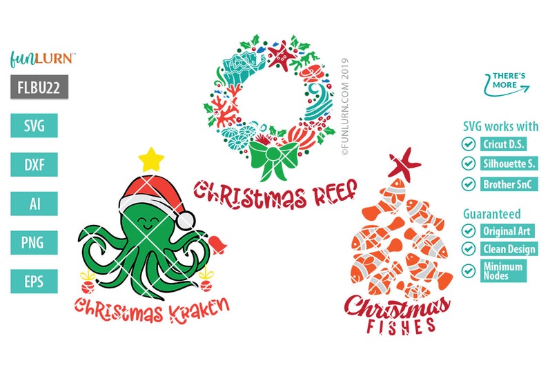 Puede incluir: Tres dise&ntilde;os SVG con tem&aacute;tica navide&ntilde;a que representan un pulpo verde con un gorro de Pap&aacute; Noel, una corona hecha de coral y algas marinas, y un grupo de peces naranja y blancos. El texto "Christmas Kraken", "Christmas Reef" y "Christmas Fishes" est&aacute; incluido en los dise&ntilde;os.