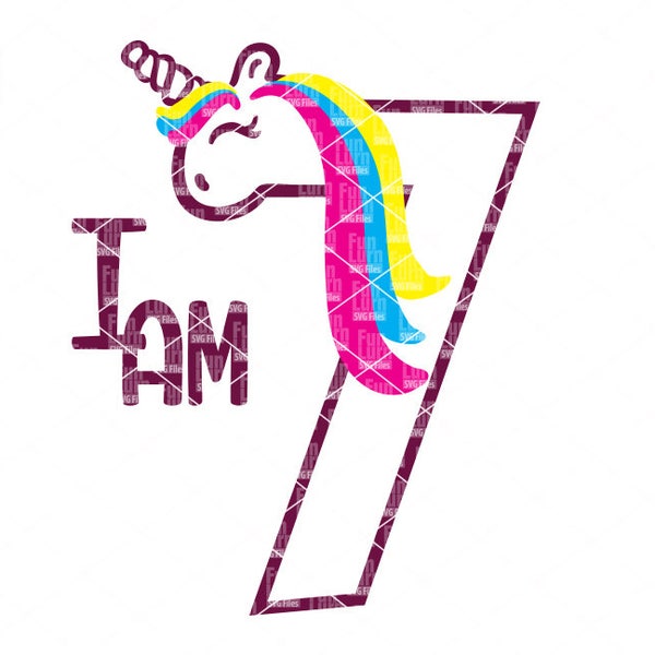 Unicorn Birthday svg, Seventh Birthday, I am Seven, Seven svg, 7, Unicorn svg, rainbow, svg png dxf eps , Cameo file, Cut file, Cricut file