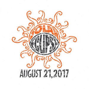 May include: A stylized sun with the words "Total Eclipse" inside, and the date "August 21, 2017" below. The sun is orange and the text is black.