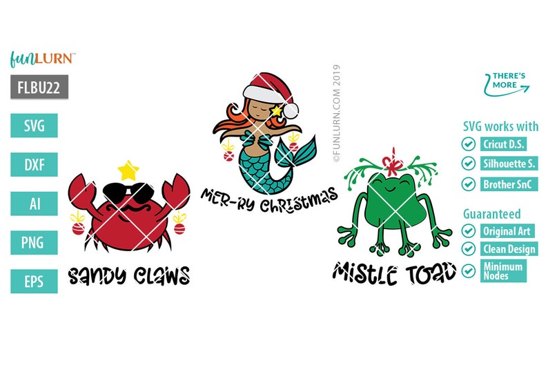 Puede incluir: Tres ilustraciones con tem&aacute;tica navide&ntilde;a: un cangrejo rojo con gafas de sol y una estrella en la parte superior, una sirena con un gorro de Pap&aacute; Noel y una rana verde con una corona de acebo con un lazo rojo. El texto "Sandy Claws", "Mer-ry Christmas" y "Mistle Toad" est&aacute; debajo de cada ilustraci&oacute;n.