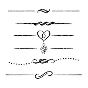 Puede incluir: Conjunto de seis líneas divisorias decorativas en blanco y negro con varios adornos y patrones. Los divisores incluyen un corazón, un remolino, una línea punteada y una línea simple.