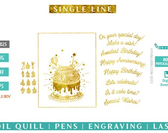 Single line Big birthday cake, candles and sentiments mix and match bundle  SVG,  for engraving, embossing, sketching, Foil Quill svg
