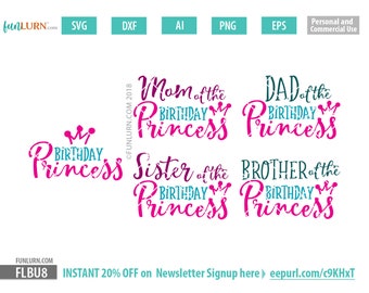 Cumpleaños Princesa Familia SVG, Mamá Papá Hermana Hermano (Archivo SVG digital)