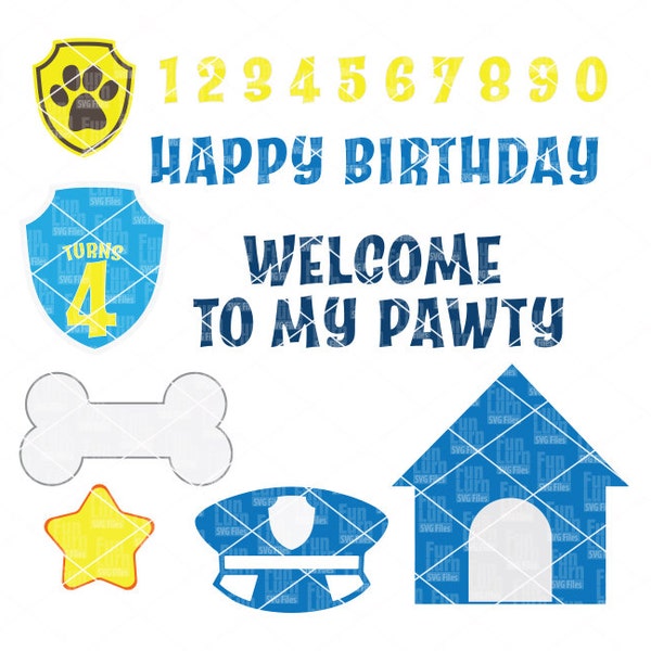 Police Dog theme, Pup themed, Birthday, banner elements, First birthday, Kennel, bone, hat, paw print, svg png dxf eps, cameo file, cricut