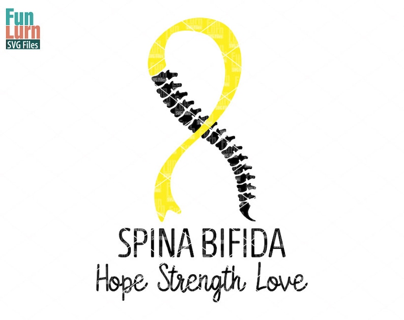 May include: Yellow ribbon tied in a loop with a black spinal column design. The text "Spina Bifida Hope Strength Love" is below the ribbon.