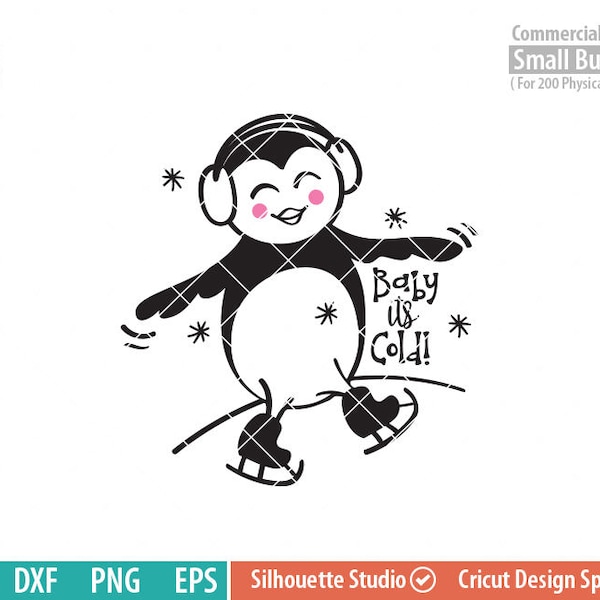 Baby its cold SVG, cute penguin, Ice skating, Snow, Winter woodland creatures, sweater, ear muffs, snowflakes SVG DXF eps png