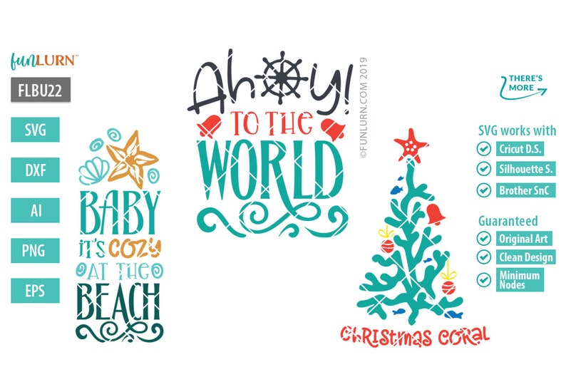 Puede incluir: Un conjunto de tres archivos de corte digital con tem&aacute;tica n&aacute;utica. El primer dise&ntilde;o dice "Baby it's cozy at the beach" con una estrella de mar y conchas. El segundo dise&ntilde;o dice "Ahoy! To the World" con una rueda n&aacute;utica y corazones rojos. El tercer dise&ntilde;o es un &aacute;rbol de Navidad hecho de coral con campanas y adornos rojos.