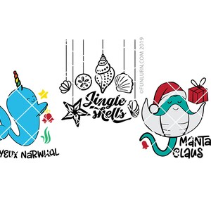 Puede incluir: Un dise&ntilde;o digital que presenta una narval con un cuerno arco&iacute;ris y el texto "Joyeux Narwhal" y una manta raya con un gorro de Pap&aacute; Noel y sosteniendo un regalo con el texto "Manta Claus". El dise&ntilde;o tambi&eacute;n incluye un adorno colgante con el texto "Jingle Shells" y conchas marinas.