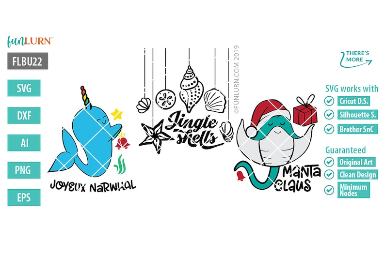 Puede incluir: Un dise&ntilde;o digital que presenta una narval con un cuerno arco&iacute;ris y el texto "Joyeux Narwhal" y una manta raya con un gorro de Pap&aacute; Noel y sosteniendo un regalo con el texto "Manta Claus". El dise&ntilde;o tambi&eacute;n incluye un adorno colgante con el texto "Jingle Shells" y conchas marinas.
