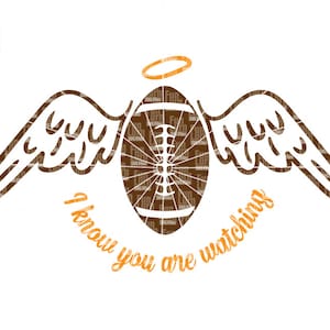 Peut inclure: Un ballon de football brun avec des ailes et un halo au-dessus. Le texte "Je sais que tu regardes" est écrit sous le ballon.