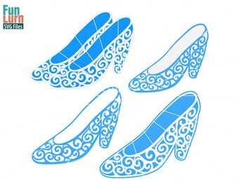Cinderella Glass Slippers,Fairy tale, swirly, glass slippers, princes, svg png dxf eps to be used with Silhouette Cameo cricut Air etc