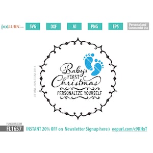 Le premier svg de Noel de bébé, le svg d’ornement de Noel de chéri, l’ornement de Noel de DIY, le dxf, le png, les formats d’ai d’eps et d’ai inclus. fichier svg pour cricut