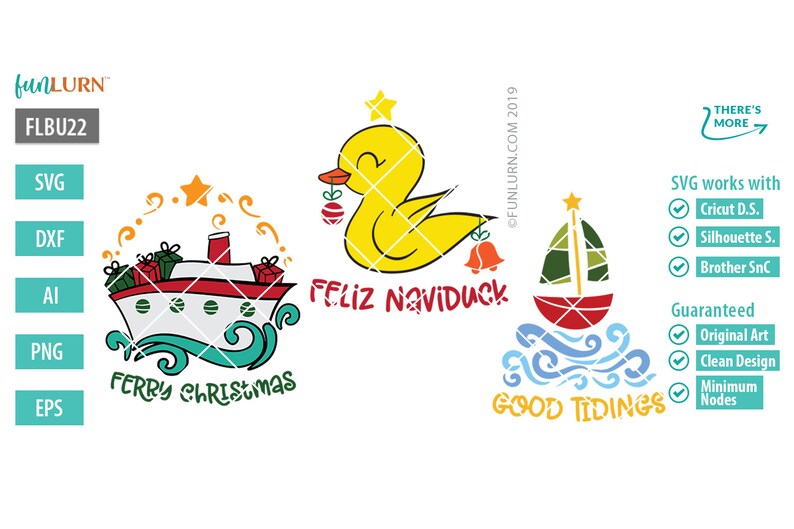 Puede incluir: Tres dise&ntilde;os SVG con tem&aacute;tica navide&ntilde;a. El primer dise&ntilde;o presenta un ferry rojo y blanco con regalos verdes y rojos en la cubierta, navegando en olas azules con el texto "Ferry Christmas". El segundo dise&ntilde;o presenta un pato amarillo con un adorno rojo y una campana, con el texto "Feliz Naviduck". El tercer dise&ntilde;o presenta un velero rojo y verde en olas azules con el texto "Good Tidings".