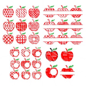 May include: A set of 20 red apple SVG cut files with various patterns, including polka dots, stripes, and geometric designs. The apples are perfect for crafting projects, such as t-shirts, mugs, and home decor.