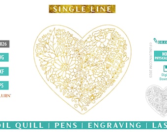 Single line Floral heart SVG,  for engraving, embossing, sketching, Foil Quill , embossing, laser, infusible ink pens,glowforge