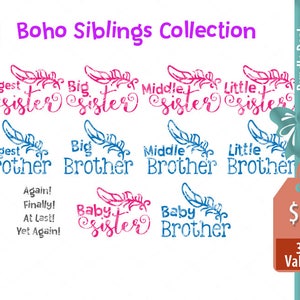 Grootste, grote, middelste, kleine Baby, zus, broer broers en zussen, broers en zussen van Boho collectie, bundel svg png dxf eps