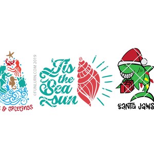 Puede incluir: Tres dise&ntilde;os navide&ntilde;os con tem&aacute;tica marina: un &aacute;rbol de Navidad con sirenas, una concha con el texto "Tis the Sea Sun" y un tibur&oacute;n con gorro de Pap&aacute; Noel con el texto "Santa Jaws".