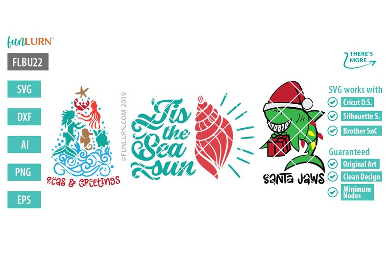 Puede incluir: Tres dise&ntilde;os navide&ntilde;os con tem&aacute;tica marina: un &aacute;rbol de Navidad con sirenas, una concha con el texto "Tis the Sea Sun" y un tibur&oacute;n con gorro de Pap&aacute; Noel con el texto "Santa Jaws".