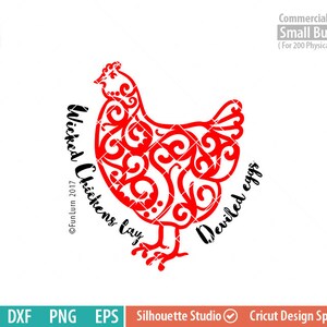 May include: Red silhouette of a chicken with a decorative design, surrounded by the text "Wicked Chickens lay Deviled eggs" and the copyright symbol and year 2017.