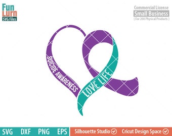 Suicide Awareness heart, Awareness Ribbon svg, Suicide Prevention, teal, Purple, Faith, Fight, Hope, Love, Family, Support, svg png dxf eps