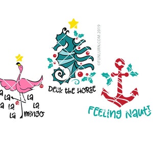 Puede incluir: Un dise&ntilde;o digital que presenta un flamenco rosa con el texto "Fa La La La La La Mingo" y un caballito de mar azul con el texto "Deck the Horse". Tambi&eacute;n se incluye un ancla de rayas rojas y blancas con el texto "Feeling Nauty!"