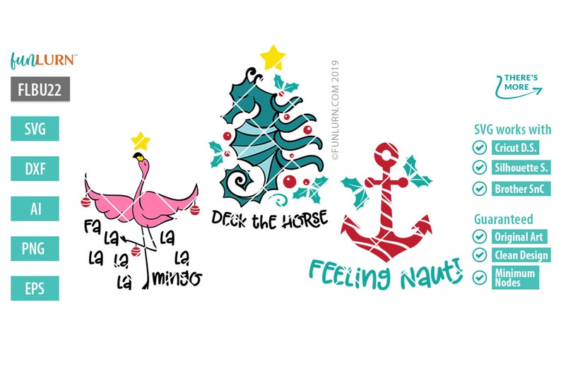 Puede incluir: Un dise&ntilde;o digital que presenta un flamenco rosa con el texto "Fa La La La La La Mingo" y un caballito de mar azul con el texto "Deck the Horse". Tambi&eacute;n se incluye un ancla de rayas rojas y blancas con el texto "Feeling Nauty!"
