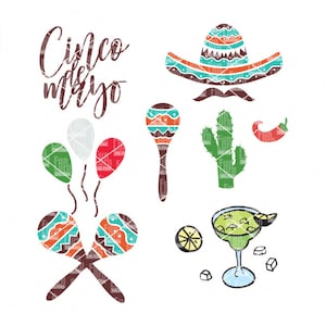 Cinco De Mayo svg-elementen, Sombrero svg, snor, Maracas, Margarita, ballon, Cactus, Chili, Fiesta, Spaans, sombrero SVG png dxf eps