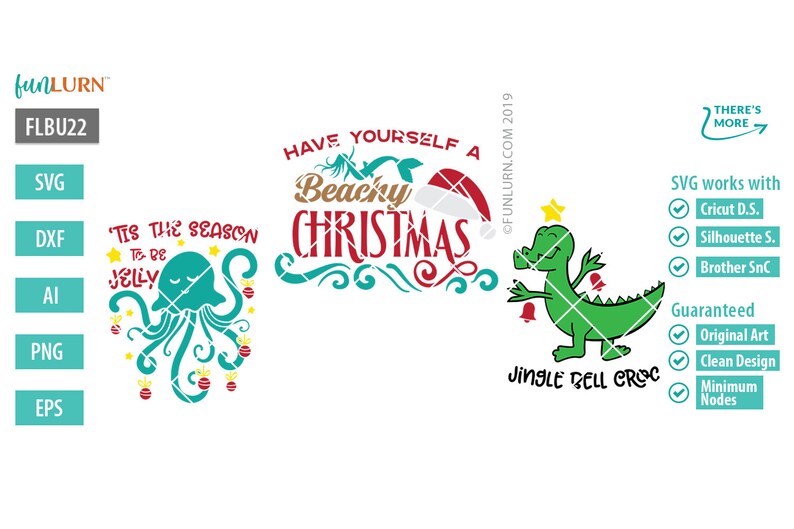 Puede incluir: Tres archivos de corte SVG con tem&aacute;tica navide&ntilde;a. El primero presenta una medusa con el texto "Tis the season to be jelly". El segundo presenta una sirena con el texto "Have yourself a beachy Christmas". El tercero presenta un dinosaurio verde con el texto "Jingle Bell Croc".