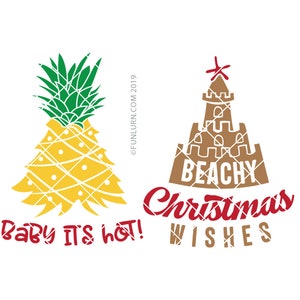 Puede incluir: Un dise&ntilde;o digital que presenta un &aacute;rbol de Navidad con forma de pi&ntilde;a con el texto "Baby it's hot!" y un &aacute;rbol de Navidad con forma de castillo de arena con el texto "Beachy Christmas Wishes".
