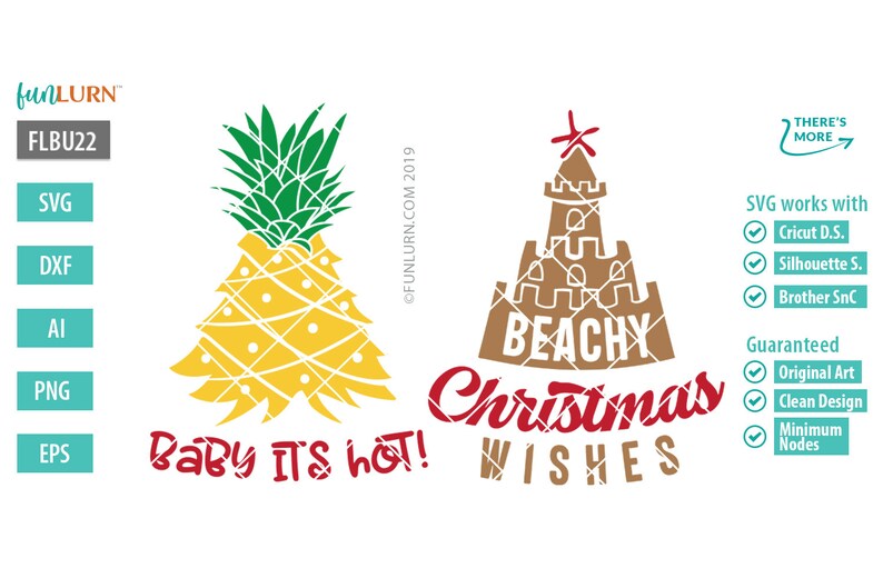 Puede incluir: Un dise&ntilde;o digital que presenta un &aacute;rbol de Navidad con forma de pi&ntilde;a con el texto "Baby it's hot!" y un &aacute;rbol de Navidad con forma de castillo de arena con el texto "Beachy Christmas Wishes".
