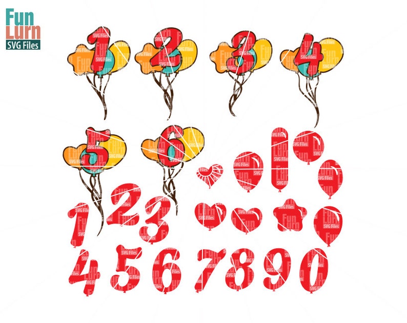 Numbered birthday balloons svg, birthday balloons svg, Bunches ,Shapes ,Number balloons SVG, heart, oval, star balloons svg png dxf eps image 1