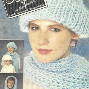 May include: A vintage knitting pattern cover showing a woman in a light blue knitted hat and scarf. The pattern is for a brushed chunky knit design, with sizes for children and women. The text on the cover reads "Odipins" and "the New Knitting idea".