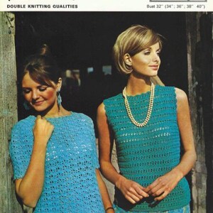 May include: Vintage Lee Target pattern cover featuring two women wearing crocheted tops. The tops are in shades of blue and turquoise. The pattern number is 8908, with bust sizes from 32" to 40". The text reads "Double Knitting Qualities".