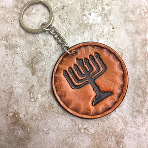 KEYCHAIN MENORAH Hand-Made Leather Hebrew Messianic Israel Lampstand Symbol Chanukah Torah Present Hanukkah Home Car Purim Decoration image 1